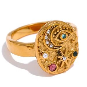 Stainless steel 18k plated Gold Celestial Ring with Multicolor Accents